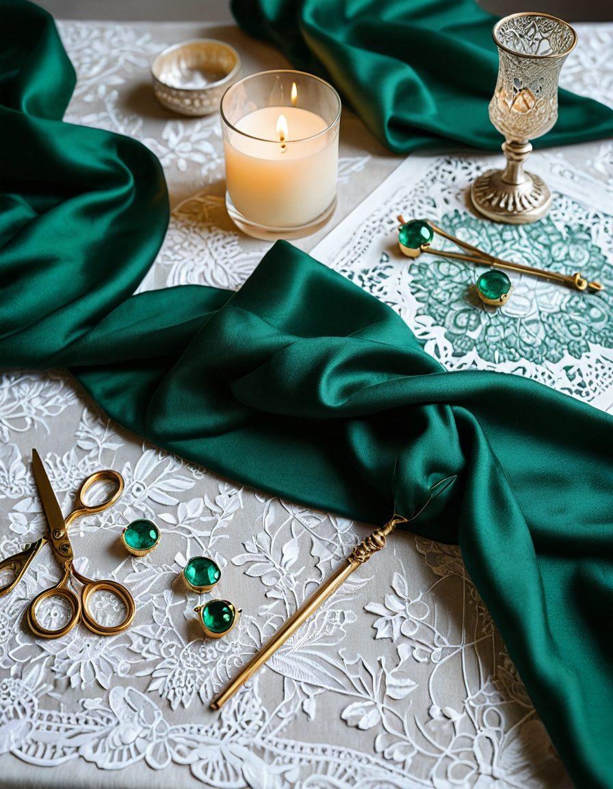A stunning collection of handcrafted emerald accessories displayed elegantly on a vintage lace tablecloth, with delicate lighting highlighting the gemstones' rich green hues. Include elements like a sketchbook with design sketches, a pair of elegant scissors, and soft fabrics draped elegantly in the background to represent the crafting process. The accessories should be styled to suggest various passionate moments, such as a romantic evening or a festive celebration. super-realistic. vibrant colors. soft focus.