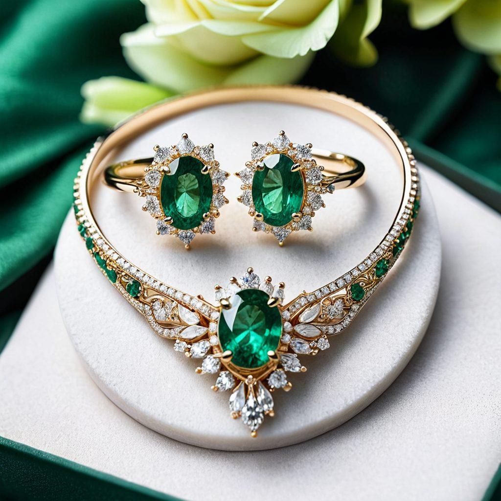 A close-up view of exquisite emerald jewelry pieces, showcasing intricate craftsmanship and unique designs, surrounded by soft, romantic lighting that highlights their dazzling green hues. Include sparkling diamonds interwoven artistically with the emeralds, set against a backdrop of delicate flowers to evoke a sense of love and celebration. The jewelry should be displayed elegantly on a velvet surface. super-realistic. vibrant colors. soft focus.
